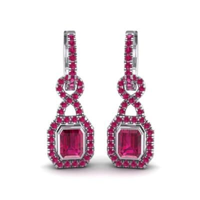 Twist Emerald-Cut Halo Ruby Drop Earrings (0.95 CTW) Perspective View