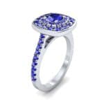 Gala Double Halo Cushion-Cut Blue Sapphire Engagement Ring (0.92 CTW) Perspective View