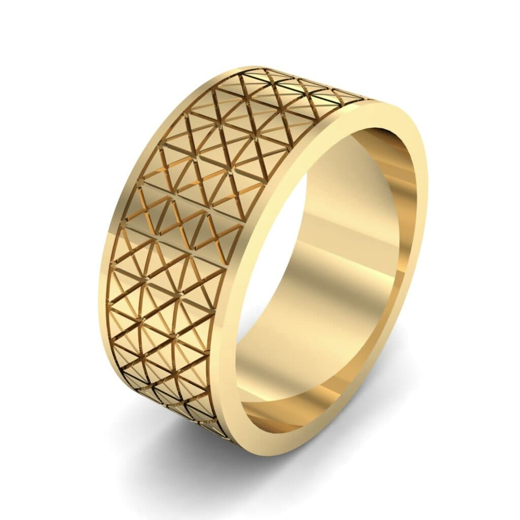 Wide Etched X Ring (0 CTW) 5133 Render 1 01 Camera1 Metal 3 Yellow Gold 0 Floor 0 Emitter Aqua Light 0