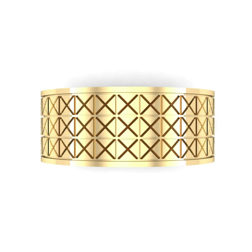 Wide Etched X Ring (0 CTW) 5133 Render 1 01 Camera4 Metal 3 Yellow Gold 0 Floor 0 Emitter Aqua Light 0