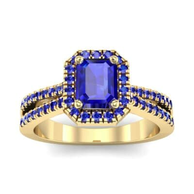 Emerald Halo Reverse Split Shank Blue Sapphire Engagement Ring (1.11 CTW) Top Dynamic View