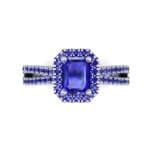 Emerald Halo Reverse Split Shank Blue Sapphire Engagement Ring (1.11 CTW) Top Flat View