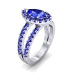 Pave Split Shank Pear Halo Blue Sapphire Engagement Ring (1.85 CTW) Perspective View