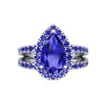 Pave Split Shank Pear Halo Blue Sapphire Engagement Ring (1.85 CTW) Top Flat View