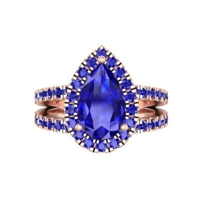 Pave Split Shank Pear Halo Blue Sapphire Engagement Ring (1.85 CTW) Top Flat View