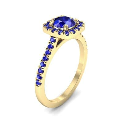 Pave Cushion Halo Round Brilliant Blue Sapphire Engagement Ring Perspective View
