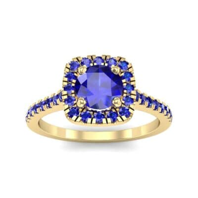 Pave Cushion Halo Round Brilliant Blue Sapphire Engagement Ring Top Dynamic View