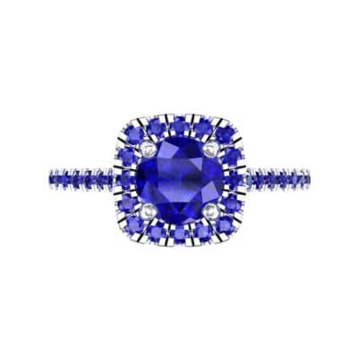 Pave Cushion Halo Round Brilliant Blue Sapphire Engagement Ring Top Flat View
