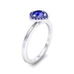 Compass Cushion Halo Round Brilliant Blue Sapphire Engagement Ring Perspective View