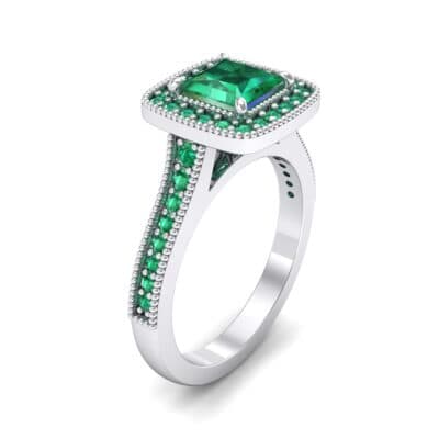 Beaded Cathedral Princess-Cut Halo Emerald Engagement Ring (1 CTW) Perspective View