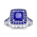 Beaded Cathedral Princess-Cut Halo Blue Sapphire Engagement Ring (1 CTW) Top Dynamic View