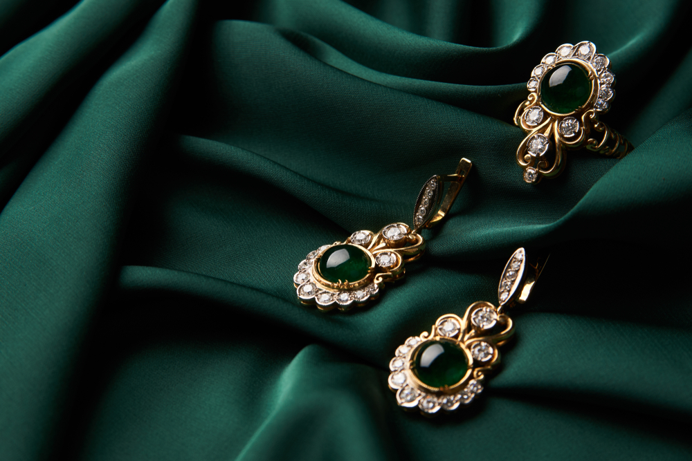 Beautiful,golden,ring,and,pair,of,earrings,with,green,emerald